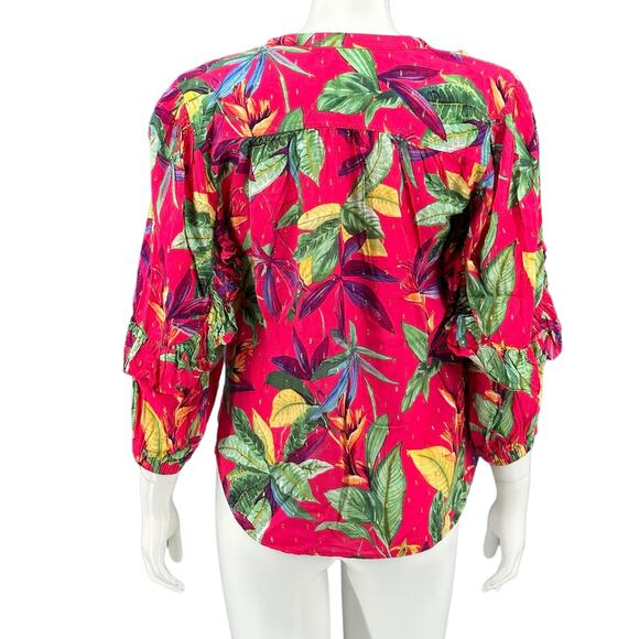 Chicos Top Womens 4 Pink Green Floral Clip Swiss Dot Metallic Tropical Colorful - Picture 5 of 8